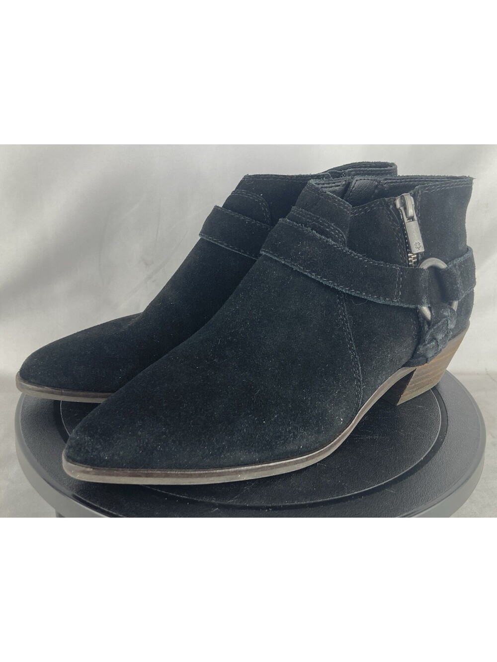 Women’s 7.5 Lucky Brand Enitha Black Suede Harness Ankle Boots Side Zip Stacked